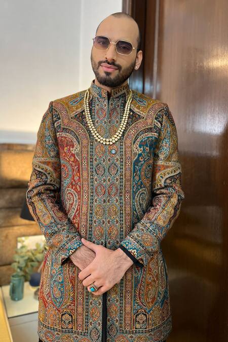 Histori_Black Cotton, Silk Embroidery Paisley Woven Achkan Dhoti Salwar Set _at_Aza_Fashions