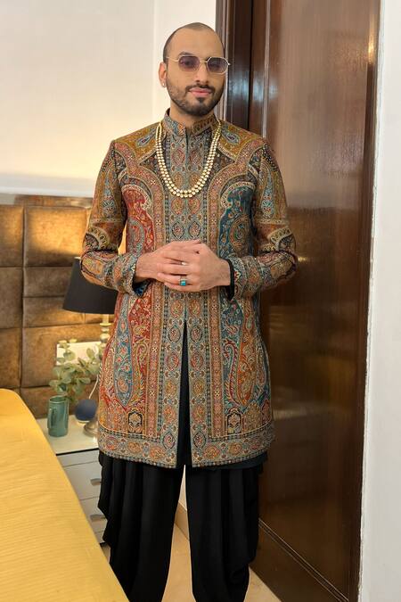 Buy_Histori_Black Cotton, Silk Embroidery Paisley Woven Achkan Dhoti Salwar Set 