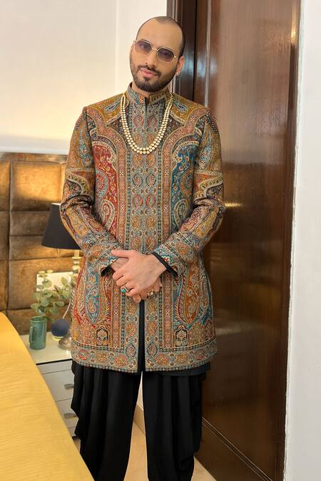 Shop_Histori_Black Cotton, Silk Embroidery Paisley Woven Achkan Dhoti Salwar Set 