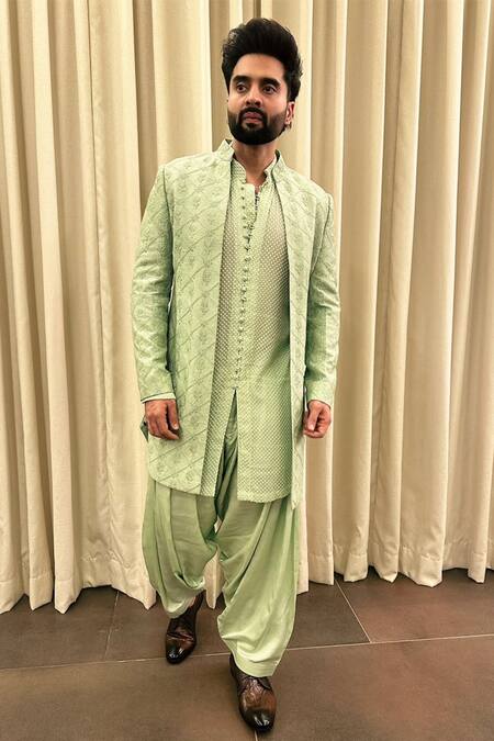 Buy_Histori_Green Georgette, Silk, Viscose Embroidery, Beads Open Sherwani Jacket Set 