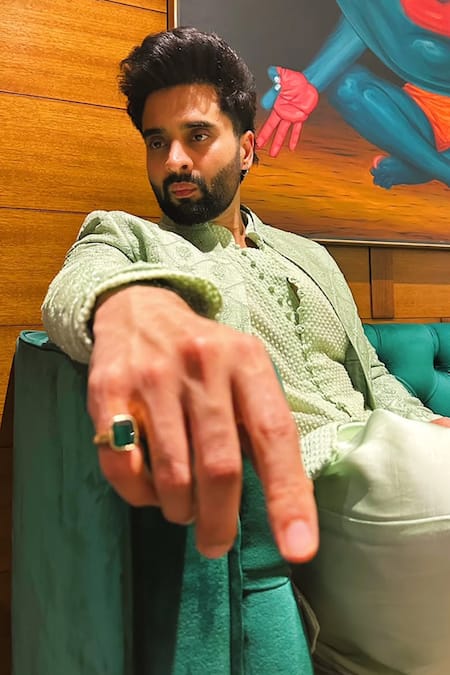 Shop_Histori_Green Georgette, Silk, Viscose Embroidery, Beads Open Sherwani Jacket Set 