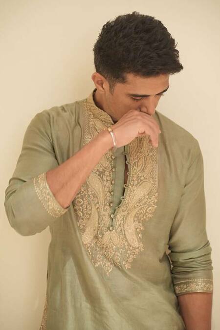 Nitika Gujral_Green Chanderi , Cotton, Embroidery Kasab Dori Kurta Set _at_Aza_Fashions