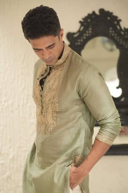 Buy_Nitika Gujral_Green Chanderi , Cotton, Embroidery Kasab Dori Kurta Set 