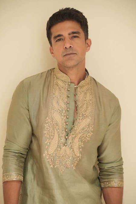 Shop_Nitika Gujral_Green Chanderi , Cotton, Embroidery Kasab Dori Kurta Set 