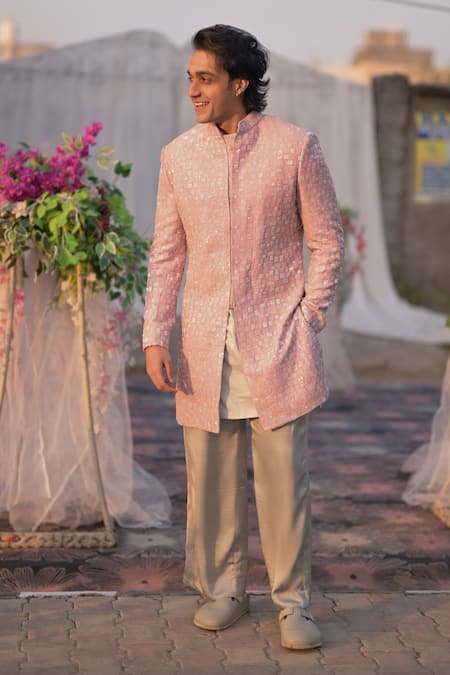 Shop_Histori_Pink Silk, Satin Embroidery, Beads, Sequins Raw Sherwani Kurta Set 
