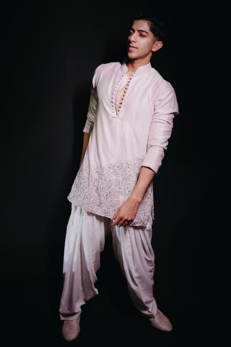 Shop_Histori_Pink Chanderi, Cotton Cut Work, Beads, Applique Petal Kurta Set _Online_at_Aza_Fashions