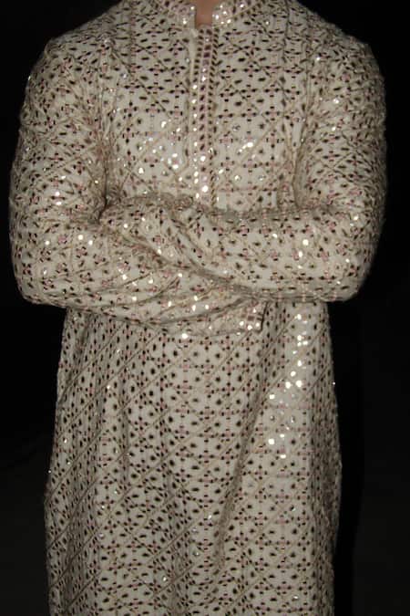 Histori_Beige Cotton, Silk Mirrors, Embroidery And Resham Jaal Kurta Set _at_Aza_Fashions