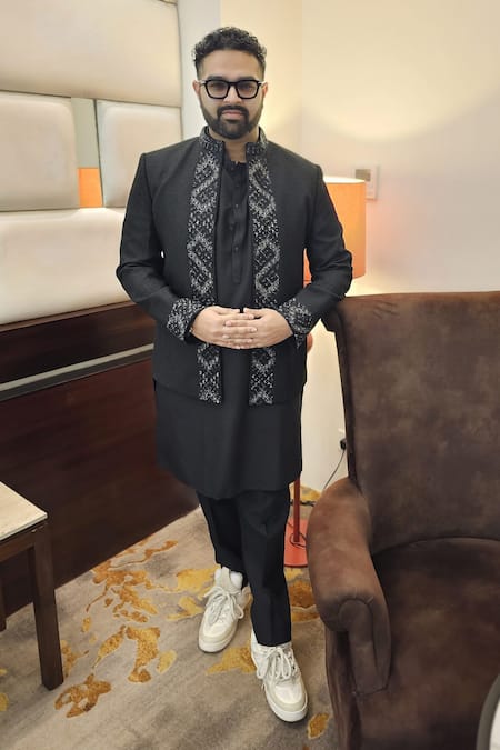 Shop_Histori_Black Cotton, Lycra, Silk Crystals, Beads, Embroidery Raw Jodhpuri Set 