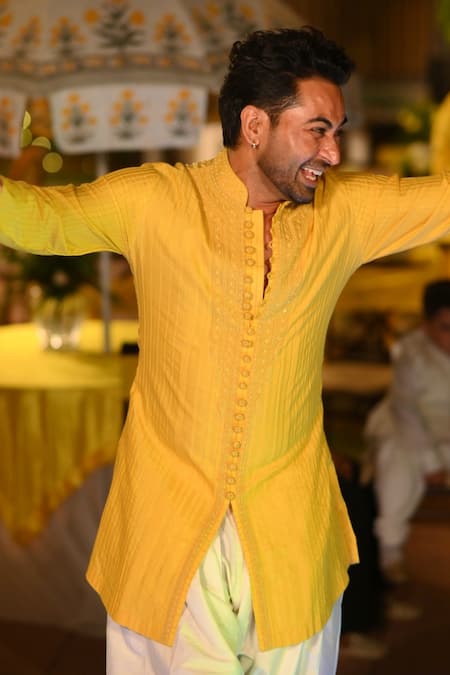Shop_Histori_Yellow Cotton, Silk Cut Work, Beads, Diamonds, Mustard Tonal Kurta And Salwar Set 