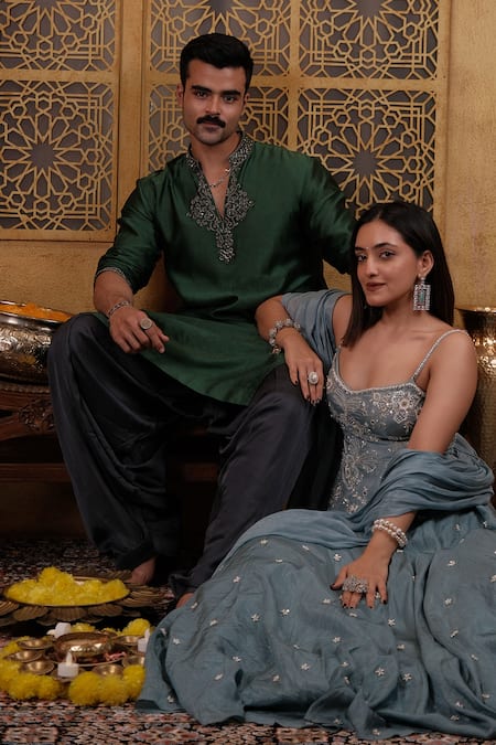 Histori_Green Chanderi Silk, Modal, Satin Beads, Crystals, Kurta And Patiala Salwar Set _at_Aza_Fashions