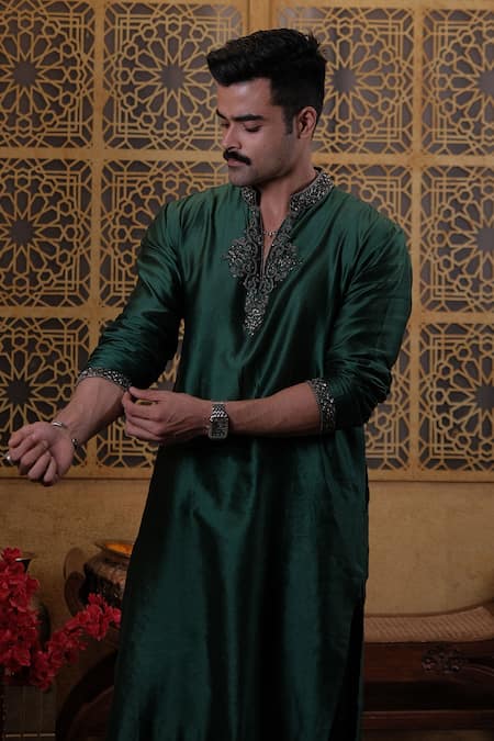 Shop_Histori_Green Chanderi Silk, Modal, Satin Beads, Crystals, Kurta And Patiala Salwar Set 