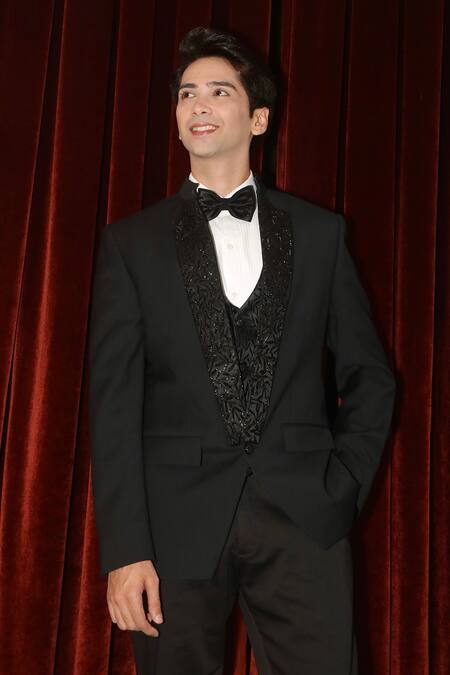 Buy Histori Black Suede, Jacquard Cut Work, Embroidery Cutdana Tuxedo Jacket Set Buy_Histori_Black Suede, Jacquard Cut Work, Embroidery Cutdana Tuxedo Jacket Set