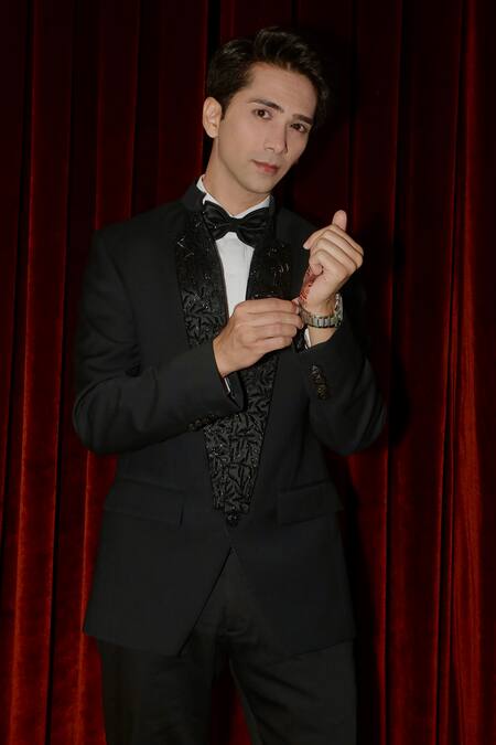 Shop Histori Black Suede, Jacquard Cut Work, Embroidery Cutdana Tuxedo Jacket Set Shop_Histori_Black Suede, Jacquard Cut Work, Embroidery Cutdana Tuxedo Jacket Set