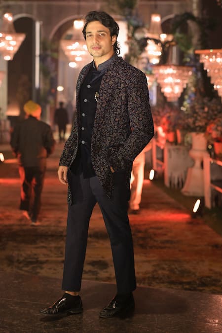 Shop_Histori_Blue Velvet, Cotton, Lycra Embroidery, Beads Sherwani Jacket Set _Online_at_Aza_Fashions