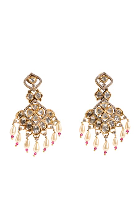 Shop_Nazaakat By Samara Singh_Gold Plated Pearls, Stones, Beads Drop Dangling Earrings _Online_at_Aza_Fashions