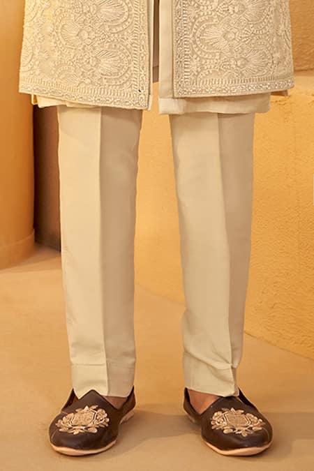 Buy_Millionaire_Beige Organza Embroidery, Cut Work, Stones Floral Sherwani Set 