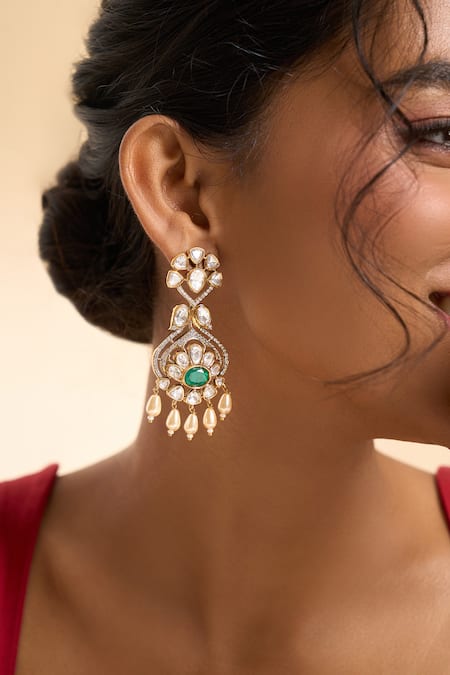 Nazaakat By Samara Singh_Green Stones, Gemstones, Pearls Floral Embellished Earrings _at_Aza_Fashions