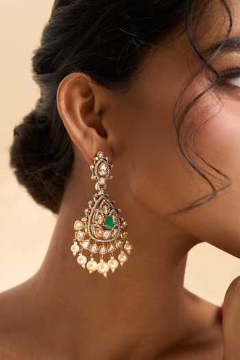 Nazaakat By Samara Singh_Green Stones, Pearls, Crystals Embellished Dangler Earrings _at_Aza_Fashions