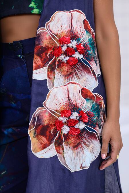 The Dramebaaz CO_Blue Organza Embroidery, Sequins, Beads Twilight Muse Floral Patchwork Jacket _Online_at_Aza_Fashions