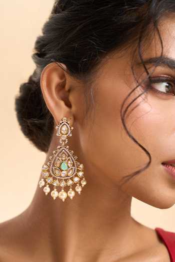 Shop_Nazaakat By Samara Singh_Mint Pearls, Stones, Faux Diamonds Embellished Drop Earrings _Online_at_Aza_Fashions