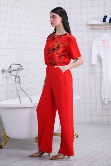 The Dramebaaz CO_Red Georgette Embroidery, Patchwork, Flama Floral Top And Pant Co-ord Set _at_Aza_Fashions