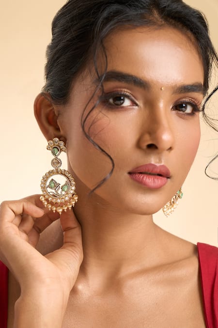Buy_Nazaakat By Samara Singh_Mint Pearls, Stones, Faux Diamonds Circular Drop Embellished Earrings _Online_at_Aza_Fashions