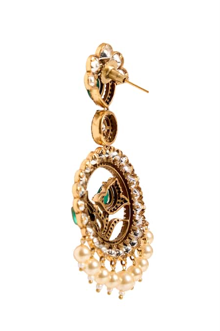 Shop_Nazaakat By Samara Singh_Gold Plated Pearls, Stones, Crystals Circular Drop Embellished Earrings _Online_at_Aza_Fashions