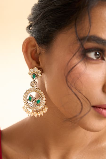 Nazaakat By Samara Singh_Gold Plated Pearls, Stones, Crystals Circular Drop Embellished Earrings _at_Aza_Fashions