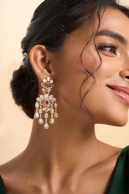 Buy_Nazaakat By Samara Singh_Red Stones, Tassels Embellished Drop Earrings 
