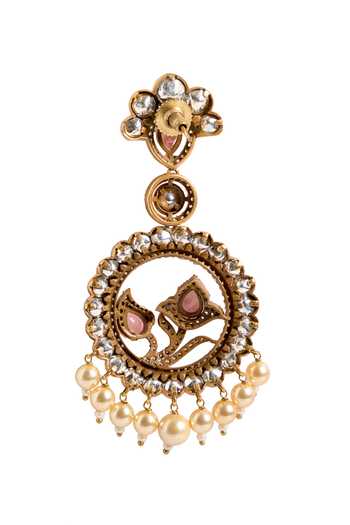 Nazaakat By Samara Singh_Pink Pearls, Stones, Crystals Circular Drop Embellished Earrings _Online_at_Aza_Fashions