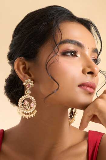 Shop_Nazaakat By Samara Singh_Pink Pearls, Stones, Crystals Circular Drop Embellished Earrings _Online_at_Aza_Fashions
