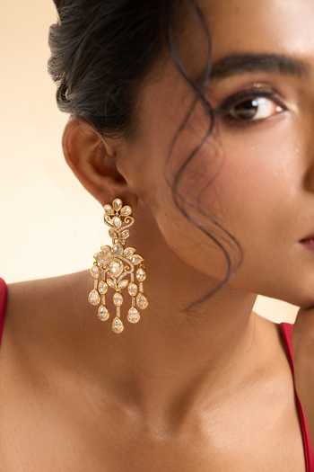 Nazaakat By Samara Singh_Gold Plated Stones, Faux Diamonds Tassel Drop Earrings _at_Aza_Fashions