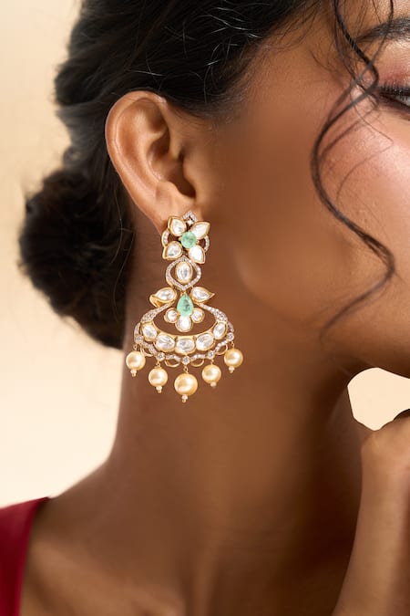 Nazaakat By Samara Singh_Mint Stones, Pearls Embellished Drop Earrings _at_Aza_Fashions