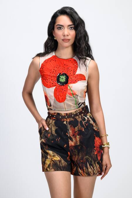 The Dramebaaz CO_Red Georgette Sequins, Beads, Embroidery Round Neck Scarlette Crop Top _Online_at_Aza_Fashions