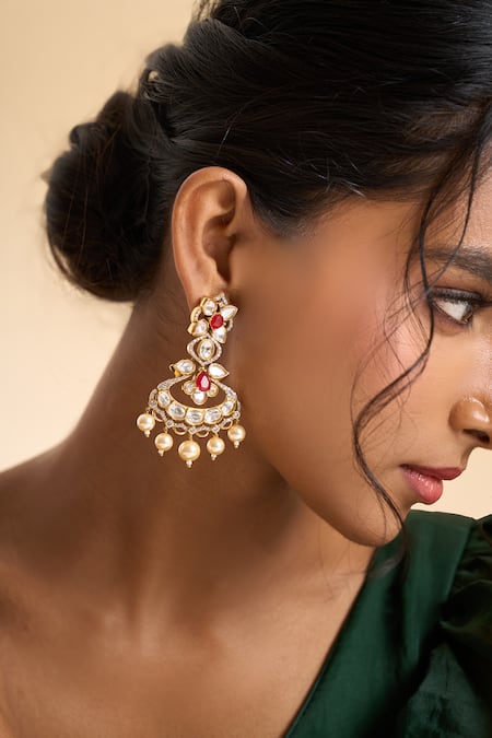 Nazaakat By Samara Singh_Red Stones, Pearls Embellished Dangling Earrings _at_Aza_Fashions