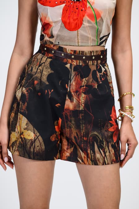 The Dramebaaz CO_Brown Georgette Studs Mocha Floral Print Shorts _at_Aza_Fashions