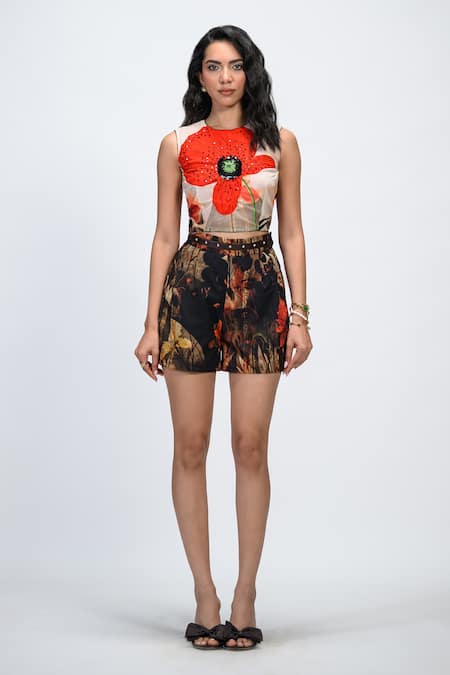 Buy_The Dramebaaz CO_Brown Georgette Studs Mocha Floral Print Shorts 