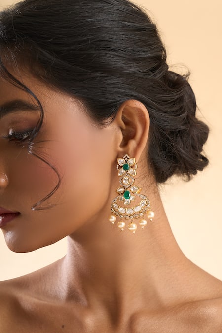 Nazaakat By Samara Singh_Green Stones, Pearls Embellished Dangling Earrings _at_Aza_Fashions