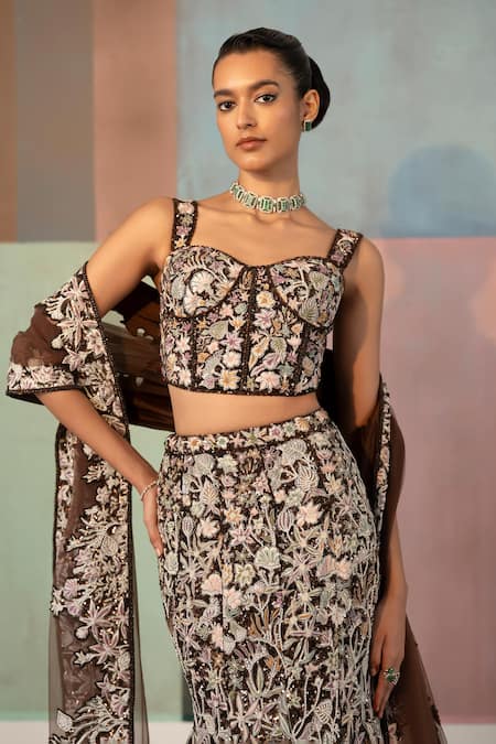 Mishru_Brown Tulle Embroidery, Sequins Sweetheart Neck Kaira Corset Lehenga Set _at_Aza_Fashions