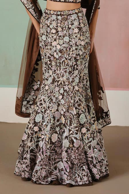 Buy_Mishru_Brown Tulle Embroidery, Sequins Sweetheart Neck Kaira Corset Lehenga Set 