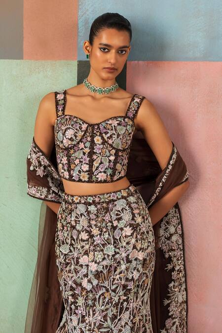 Shop_Mishru_Brown Tulle Embroidery, Sequins Sweetheart Neck Kaira Corset Lehenga Set 