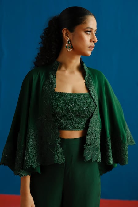 Mishru_Green Organza Embroidery, Sequins High Neck, Sweetheart Kalie Cape Pant Set _Online_at_Aza_Fashions