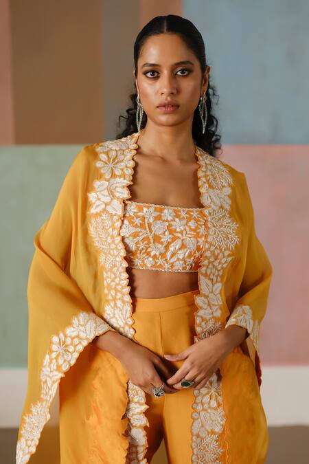 Buy Mishru Orange Tulle, Organza Embroidery Open Neck, Square Lea Floral Cape Pant Set Online at Aza Fashions Buy_Mishru_Orange Tulle, Organza Embroidery Open Neck, Square Lea Floral Cape Pant Set _Online_at_Aza_Fashions