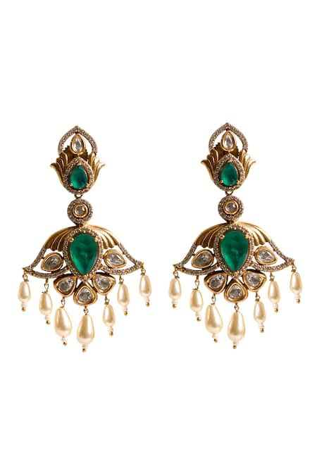 Nazaakat By Samara Singh_Green Gemstones, Stones, Pearls Dangling Drop Earrings _Online_at_Aza_Fashions