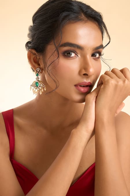 Buy_Nazaakat By Samara Singh_Green Gemstones, Stones, Pearls Dangling Drop Earrings _Online_at_Aza_Fashions