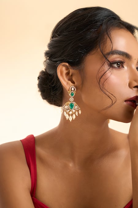 Shop_Nazaakat By Samara Singh_Green Gemstones, Stones, Pearls Dangling Drop Earrings _Online_at_Aza_Fashions
