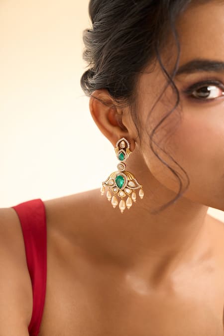 Buy_Nazaakat By Samara Singh_Green Gemstones, Stones, Pearls Dangling Drop Earrings 