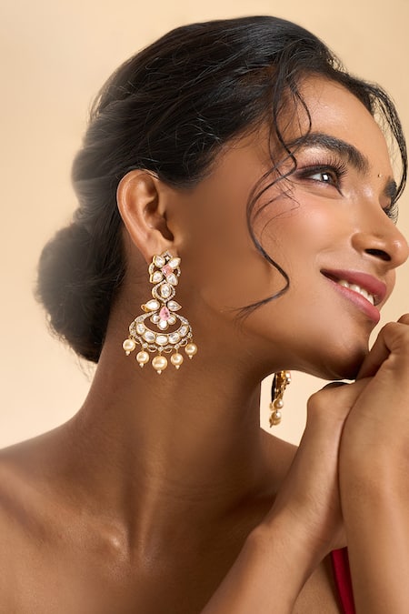 Shop_Nazaakat By Samara Singh_Gold Plated Stones, Pearls Dangling Embellished Earrings _Online_at_Aza_Fashions