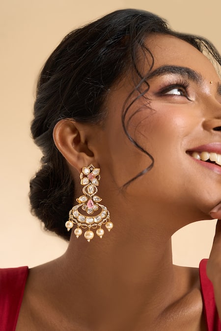 Nazaakat By Samara Singh_Gold Plated Stones, Pearls Dangling Embellished Earrings _at_Aza_Fashions