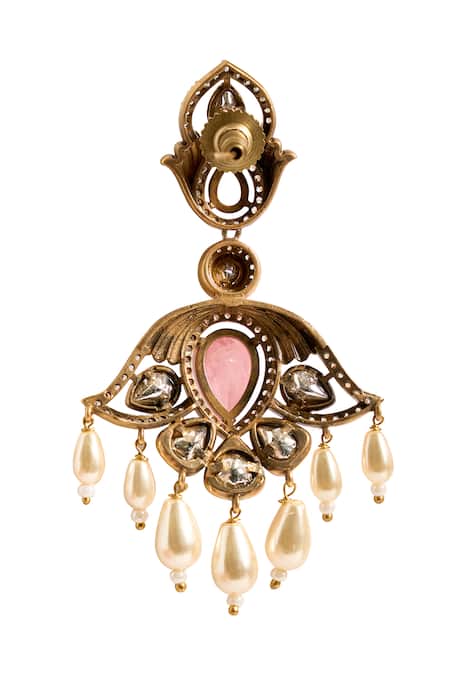 Buy_Nazaakat By Samara Singh_Pink Stones, Pearls Dangling Drop Embellished Earrings _Online_at_Aza_Fashions